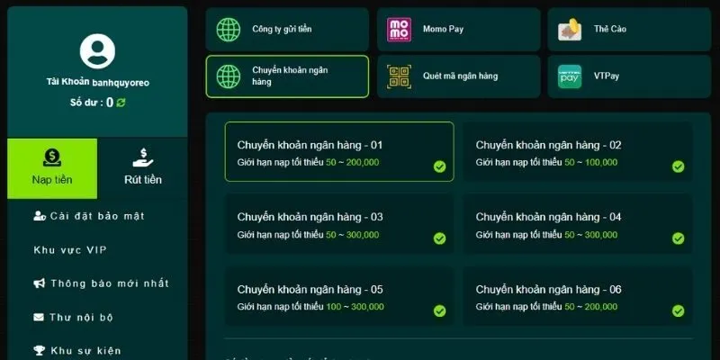 hạn mức nạp tiền